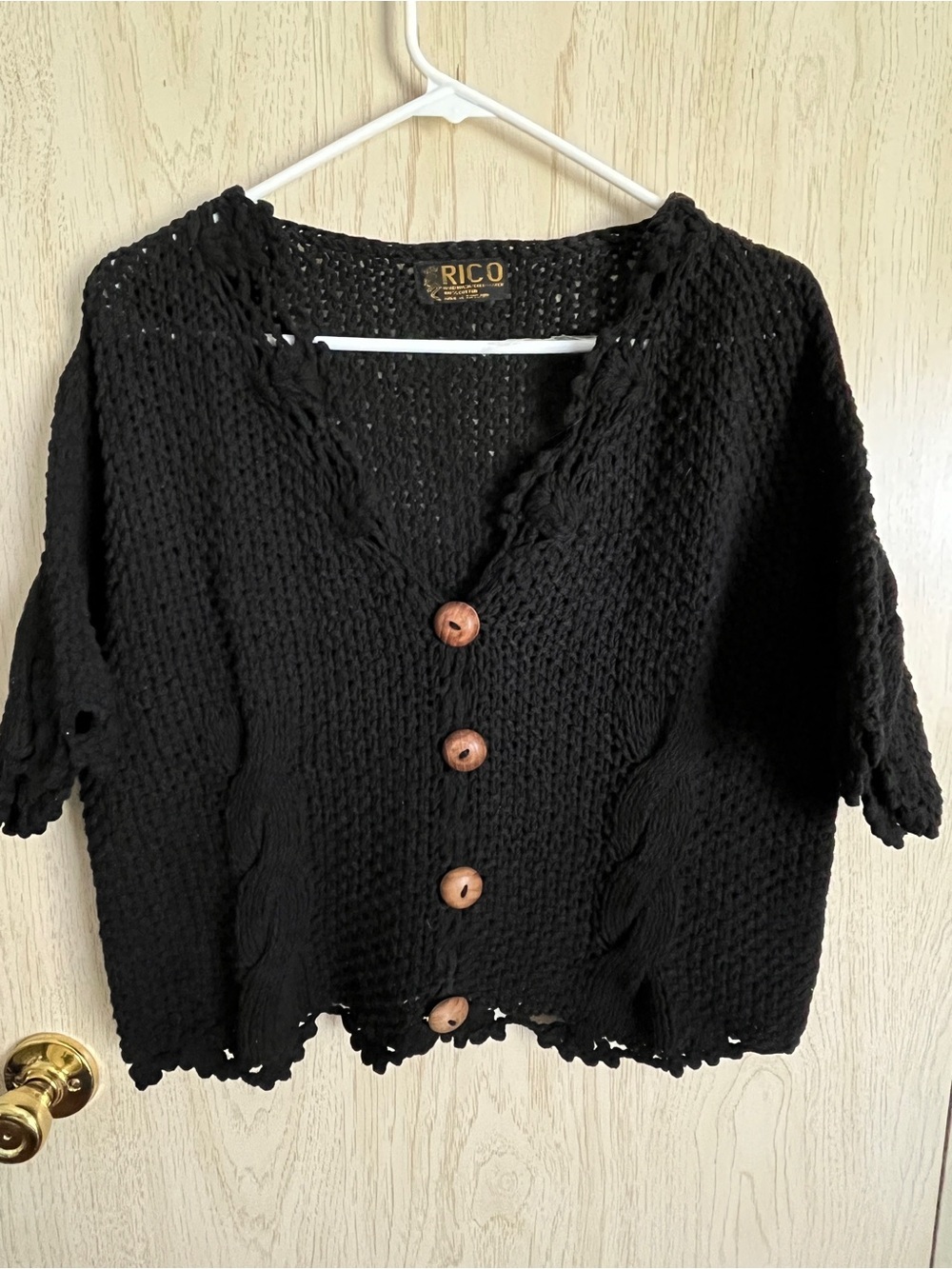 RICO Black Crochet Knit Cropped Cable Cardigan Sz Large Cotton